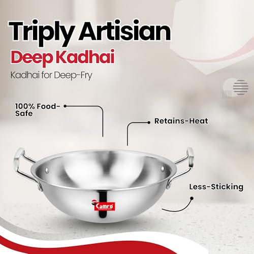 Image of Camro Triply Artisian Kadhai 5.8 Litre | Tasla kadai Steel Stainless Round Kadhai for Deep Frying Stir-Fry| Induction Base Kadai for Cooking Triply Kadai Without lid | Induction Friendly