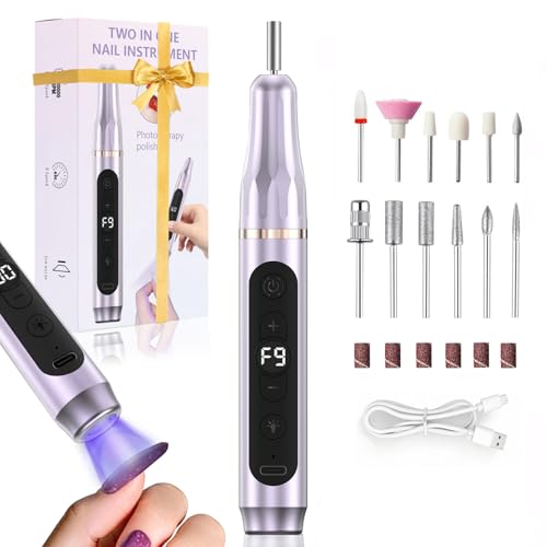XunmotorYao Torno para Uñas Profesional, 2 en 1 Lima Eléctricas Uñas con taladro LED UV, 9 Velocidad Torno Uñas Ajustable con 12 Brocas y Pantalla LCD para Manicura y Pedicura,Morado