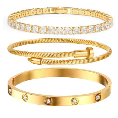 Gold Plated Bracelet Set, 3-Piece Stacking Tennis Bracelets with Cable Bangle and Rhinestone Cuff,Modern Style for Women Gold Jewelry Gift