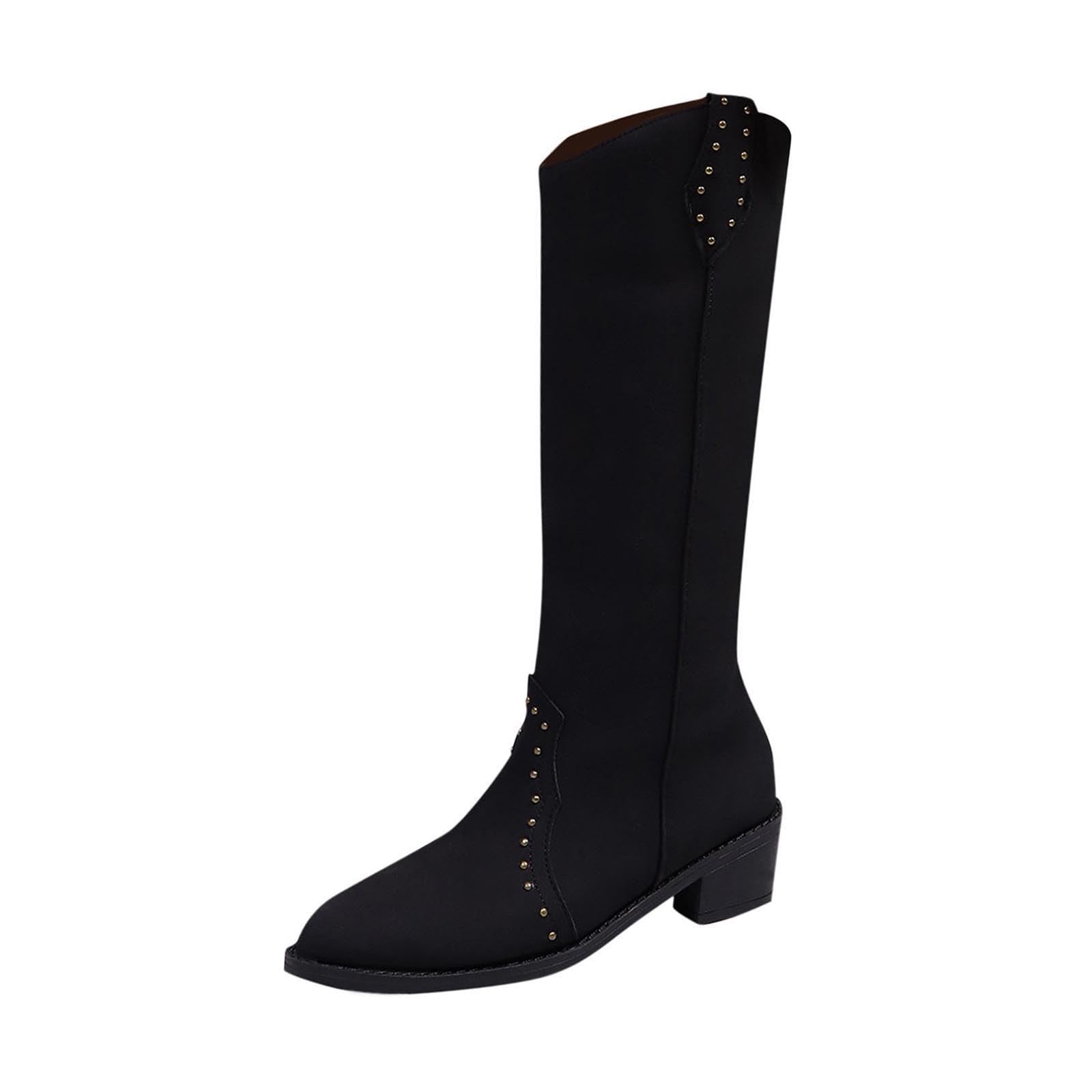 Black Cowboy Boots for Women Fashion Mid Calf Pointed Toe Booties Chunky Heel Pull On Dress Wedding Western