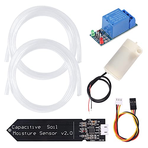 Automatic Irrigation DIY Kit Self Watering System Capacitive Soil Moisture Sensor 1 Channel 5V Relay Module and Water Pump with 2pcs 1M Vinyl Tubing for Arduino Moisture Detection Garden Watering DIY