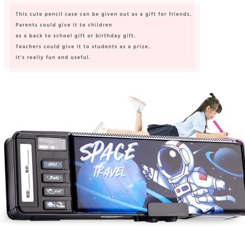 Image of KiddieWorld Plastic Password Lock School Students Pencil Box with Inbuilt Sharpener,Cute Cartoon Stationary Compass For Boys,Geometry Case For Kids Girls,Best For Gifts(Password Space Travel Black)