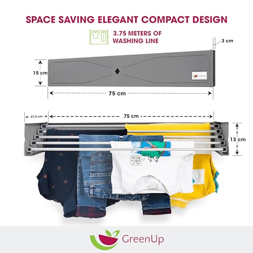 GreenUp Foldable Wall-Mounted Clothes Drying Rack - 3.75 M. Space-Saving, Heavy-Duty Design for Indoor Outdoor Use (Silver, 75 CM.) - Image 2