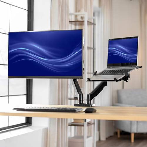 Image of VIVO Universal Adjustable Monitor and Laptop Desk Mount, 17 to 32 inch Monitors, 10 to 15.6 inch Laptops, Dual Mechanical Arm VESA Notebook Stand with C-clamp and Grommet Options, Black, STAND-V002O-L
