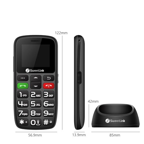 SweetLink S2PLUS Seniorenhandy ohne Vertrag – Dual SIM 2G GSM mit 1400mAh Akku, SOS-Notruftaste, 1,77\ Großtasten-Display, Ladestation & FM-Radio | mit Klarer Sprachansage und 12 Tage Standby