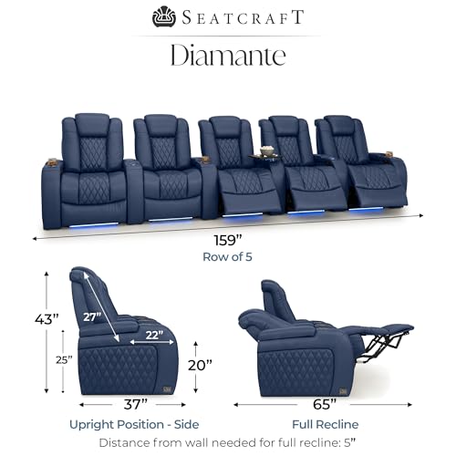 Image of Seatcraft Diamante Navy Blue Italian Leather Home Theater Seating, Zero Gravity Power Recliner, Gaming and Home Office Chair, Powered Headrest Furniture for Family Cinema Room, Row of 5