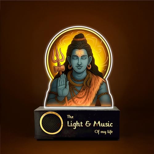 Image of ZOCI VOCI Lord Shiva LED Lamp with Wooden Base - Shiv Ji Night Light for Pooja Room, Mahadev Photo Frame Lamp for Home Temple Decor, Bedside Table Lamp (Warm Light + BT Speaker)