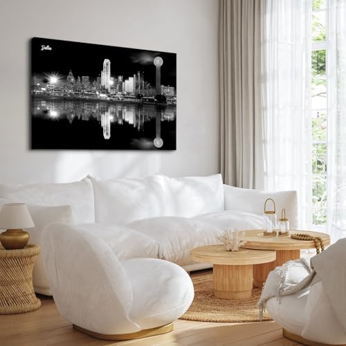 Image of Nature Cityscape Wall Art for Bathroom Dallas Skyline Wall Decor USA City Canvas Painting Black and White Skyscrapers Cityscape Framed Posters Night Scene Large Artwork Modern Home Decorations 32x48 inch
