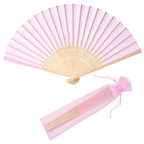 SL crafts 24pcs Imitated Silk Hand Fan Imitated Silk Fabric Bamboo Handheld Folded Fan Bridal Dancing Props Church Wedding Party Favors with Organza Bags (Pink)