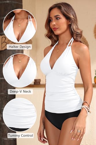 Image of Yonique Women's Halter Tankini Top V Neck Swim Top Tummy Control Bathing Suit