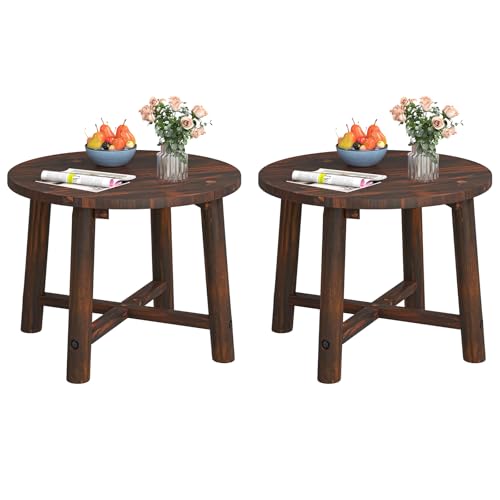 Image of Tangkula Outdoor Side Table, Patio End Table with Solid Wood Structure, Small Round Coffee Table for Garden, Deck, Poolside & Indoors (2, Brown)