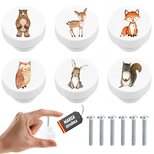ADLEER Tiradores infantiles de madera blancos + tornillos - tiradores armarios blancos 3,4cm-pomos y tiradores infantiles con dibujos de animales-pomos infantiles para cajones,armario (Animales)