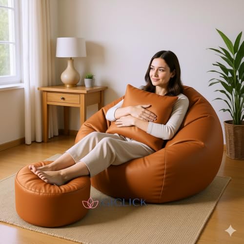 Image of 4XL Bean Bag with Footrest and Cushion (Filled with Beans) | Ready to Use | Premium Leatherette | High-Density Beans Filled | Double Stitching | 6 Months Warranty Color- (Orange)