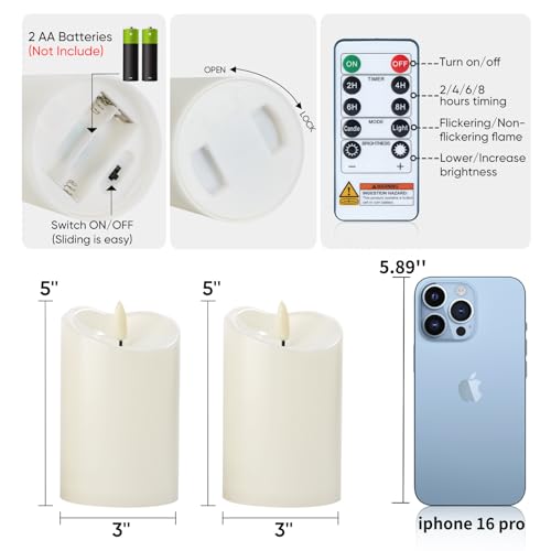 Image of Raycare 5 inchx3 inch Outdoor Waterproof Flameless Candles with Remote and Timer, Battery Operated LED Electric Fake Pillar Candle for Home Wedding Decor, Ivory White, Set of 2