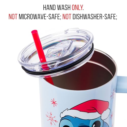 Image of Silver Buffalo Disney Lilo and Stitch Christmas Holiday Santa Hat and Snowflakes Double Walled Stainless Steel Tumbler with Handle and Straw, Fits in Standard Cup Holder, 40 Ounces
