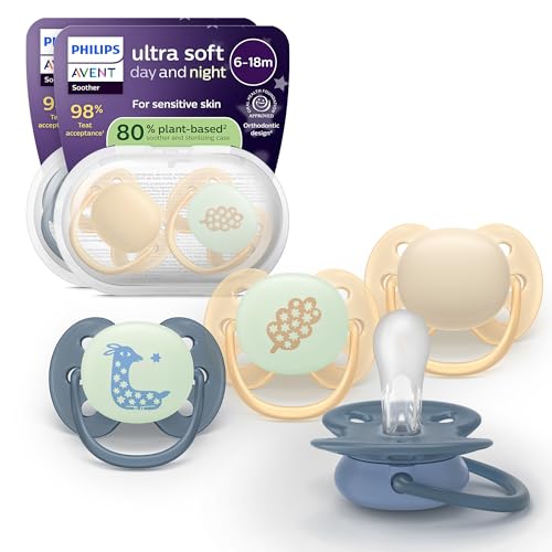 Philips Avent Ultra Soft Day & Night Pacifiers - for Babies 6-18 Months Glow in the Dark Symmetrical Silicone Nipple BPA-Free Sterilizing Cases 4 Pack SCF094/10