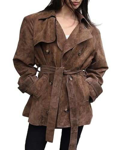 VOIKERDR Brown Leather Jacket Women Suede Jacket Trendy Faux Suede Jacket with Belt Winter Jacket Outwear