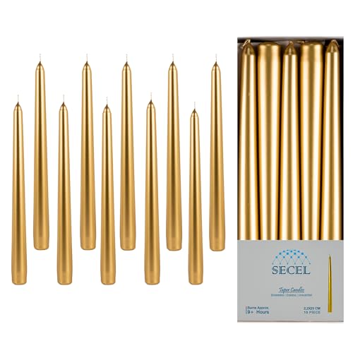 SECEL Pack of 10 Taper Candles 10 Hours Time Dripless Smokeless Paraffin Wax with Cotton Wicks 10 inches Colorful Birthday Home Decor Weddings Valentines Day (10 Metallic Gold)