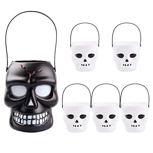 KEPATO Mini Halloween Skull Candy Bowl Holder Decor for Halloween 6 Pack Novelty Skull Bucket Halloween Bucket Candy Holder Trick Or Treat Bucket (Black)