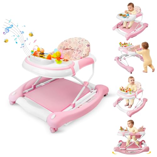 Image of 5 in 1 Baby Walker, Music and Lights Walker for Baby Boy Girls 6-12 Months, Foldable Baby Walkers with Wheels and Bouncer Combo Portable, Toddler Infant Walker with Adjustable Height