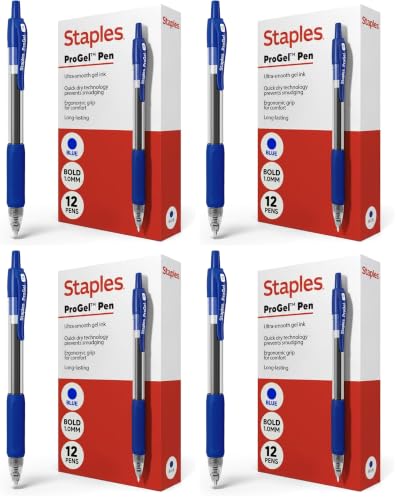 Image of STAPLES Retractable Gel Pens, Bold Point 1.0mm, Blue Ink, 48 Pack - ProGel Smooth‑Flow Pens for Office & School Use