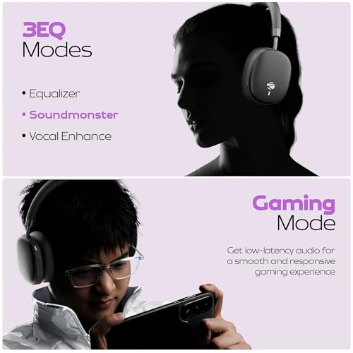 Image of Zebronics Silencio 200T Wireless Headphones, Hybrid ANC 48dB, Upto 100Hrs Playback, 40mm Drivers, Dual Mic ENC, BT v6.0, Gaming Mode, Dual Pairing, Touch Controls, App Support, AUX, Black