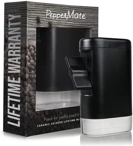 Refillable Sea Salt and Pepper Grinder - Traditional Ceramic Peppercorn Grinder, Pepper Mill by PepperMate (Black)