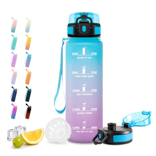 JAPORIA Cantimplora 1L, Botella Gym sin BPA, Botella de Agua con Filtro, Botellas Motivacional para Running, Deporte, Bicicleta, Oficina