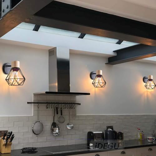 Aplique de pared vintage industrial iDEGU con madera y metal negro pack de 2 lámparas E27 3