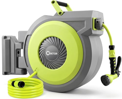 Bietor Retractable Garden Hose Reel 1/2 x 40m+2m Upgraded UV Resistant Heavy Duty Automatic Wall Mount Hose Reel with 9 Pattern Nozzle Any Length Lock Slow Retraction 180 Swivel
