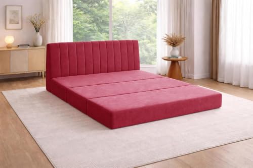 Image of Rosebell -3 Seater Upholstered Armless Sofa Cum Bed with Backrest | Velvet Fabric Finish | Modern Living Room & Bedroom -Red