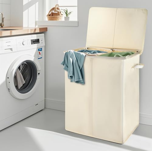 Voova 154L Double Laundry Hamper with Lid and 2 Removable Bags, Beige - image 7
