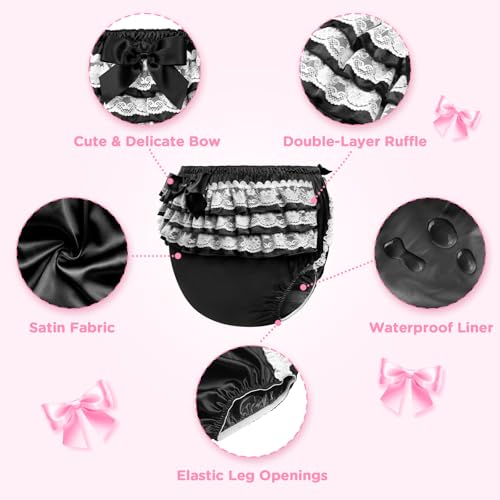 Image of Littleforbig Washable Reusable Waterproof Ruffled Lace Bow Pretty in Black Satin Over Adult Diaper Cover XXL