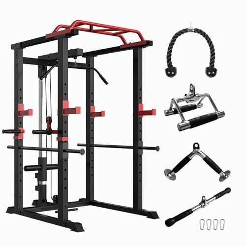 Multi Functional Power Cage, Home Adjustable Pullup Squat Rack 1000Lbs Capacity Comprehensive Fitness Barbell Rack with Gym Accessories