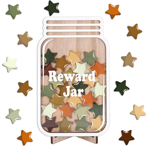 JarThenaAMCS 39 Pcs Fall Star Wooden Reward Jar Autumn Forest Colored Star Wood Cutouts with Magnetic Sticker Back to School Positive Incentive Behavior Chart with Base for Student Teacher Management