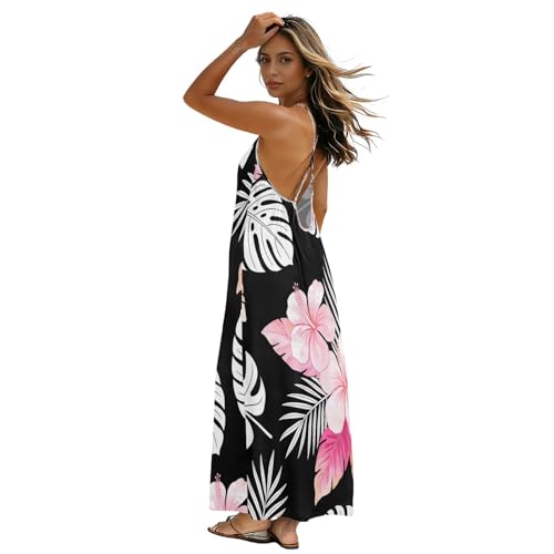 Robe longue tropicale rose et noire d'été pour femme
