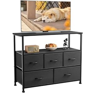 DUMOS TV Stand Dresser for Bedroom with 5 Fabric Drawer,Entertainment Center for 45 inch Television, Media Console Table with Storage, Open Shelf, Adjustable Feet, Living Room Furniture, Blac
