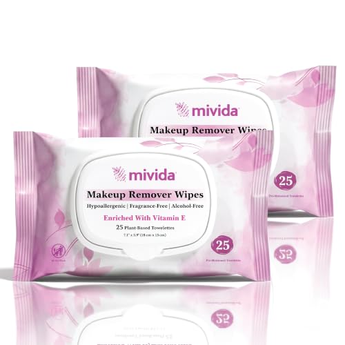 mivida Hypoallergenic Makeup Remover Wipes With Vitamin E, Dermatologist Tested, Alcohol Free & Fragrance Free Makeup Wipes For Sensitive Skin Make Up Remover, Travel Friendly 2 × 25 Count