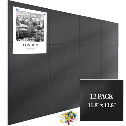 Hsgra Large Cork Board for Wall 12 Pack, Bulletin Board 48" X 36", Felt Board Wall Tiles with 72 Damage-Free Removable Pads & Push Pins, Alternative Pin Board Cork Board for Office Home, Black