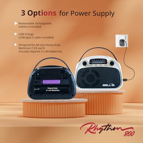 Image of IBELL RHYTHM800 BT Portable FM Radio with Bluetooth Speaker, USB, SD Slot, MP3 Player, Rechargable Battery, Telescopic Antenna & Dynamic Speaker, 3 Band (Black)