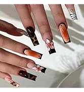 FORBELOVED NAILS,French Tip-Line Zebra Press On Nails,Long Square Stick On Nails,Shiny 3D Flower ...