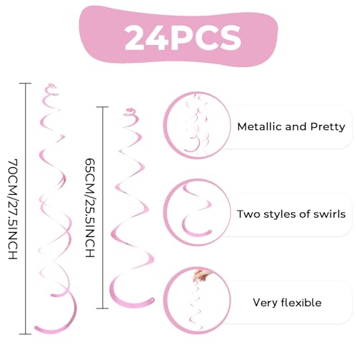 Image of 24 PCS Pink Hanging Swirl, Sparkle Ceiling Hanging Decorations, Plastic Streamer Party Decorations with Double-Swirls and Single-Swirls for Birthday Decorations, Easter, Graduation, Baby Shower