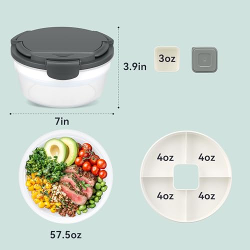 Image of Salad Container for Lunch, Bento Lunch Box 58-oz with 4 Compartments Tray and Ice Pack, Leak-Proof Salad Bowl with Lid for Adults, BPA-Free Lunch Box for Meal Prep & Food Storage(Grey)