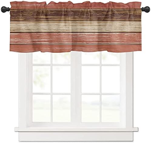 Orange Red Wood Grain Valances for Windows Farmhouse Rustic Orange Red Brown Wooden Board Rod Pocket Short Window Valance Curtain Home Decor Window Treatment for Kitchen Living Room Bedroom 42x12in