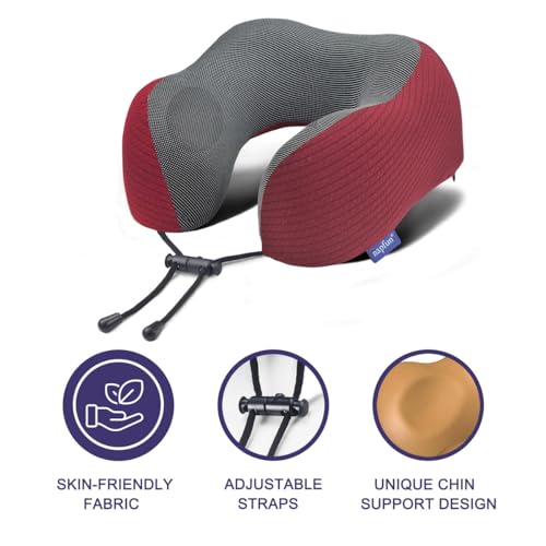 napfun Neck Pillow for Traveling, Upgraded Travel Neck Pillow for Airplane 100% Pure Memory Foam Travel Pillow for Flight Headrest Sleep, Portable Plane Accessories, Wine-Red Set, Medium (120-200LB)