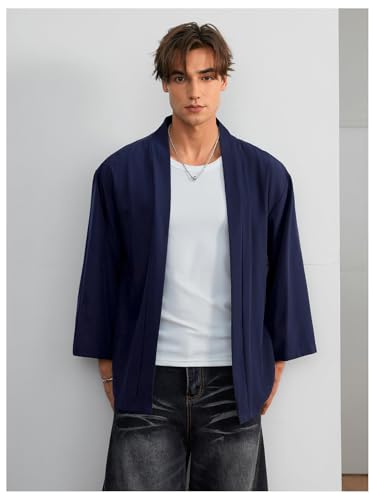 Image of OYOANGLE Men's Open Front 3 /4 Sleeve Kimono Jackets Loose Casual Drop Shoulder Cardigans Outerwear Dark Blue Large