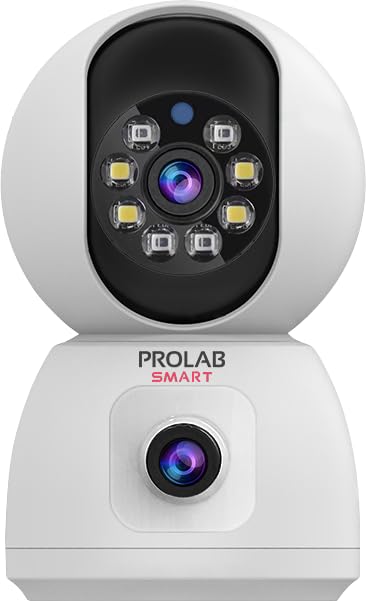 Prolab Smart Security Camera with Dual Lens, 8mp clarity full HD Video, Night Vision, Motion Detection, WiFi Connectivity,white