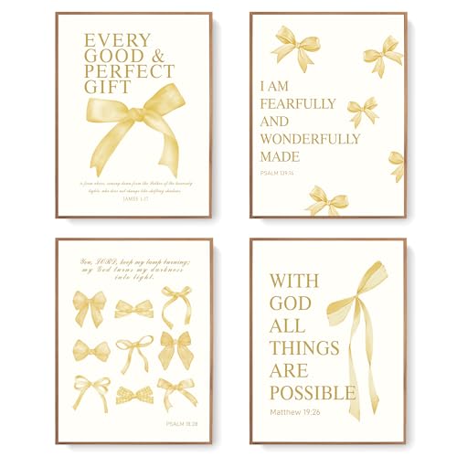 Image of LARTSFRO Coquette Yellow Bow Wall Art Decor Posters, Butter Yellow Bow Room Bedroom Bathroom Dorm Wall Art Decor Aesthetic for College Teen Girls Gifts, Inspirational Bible Verses Bow Wall Decor, 12x16 Inch Set of 4 Pcs Bow Pictures (UNFRAMED)