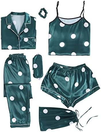 LYANER Women's Pajamas Set 7pcs Silk Satin Sleepwear Loungewear Cami Shirt Pj Set Polka Dots Green Large