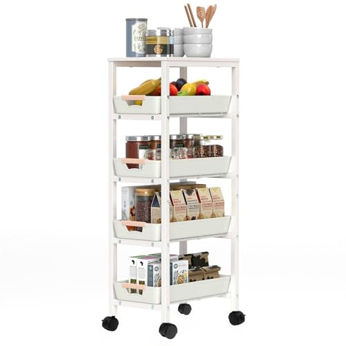 mopam キッチンワゴン 天板付き 隙間収納 23.5 cm 引き出しバスケット付 収納ワゴン キャスター付き 静音で滑らか 幅38×奥行23.5×高81.5 cm 収納棚 調味料ラック スリム キッチンストッカー スペースの最適化 4段 ホワイト